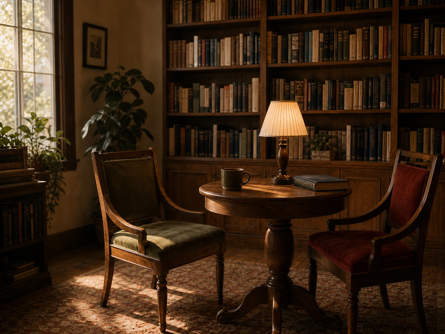 A quiet reading room with a table, lamp, and bookshelves